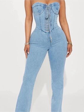 Fashion Nova Light Blue Denim Corset Jumpsuit